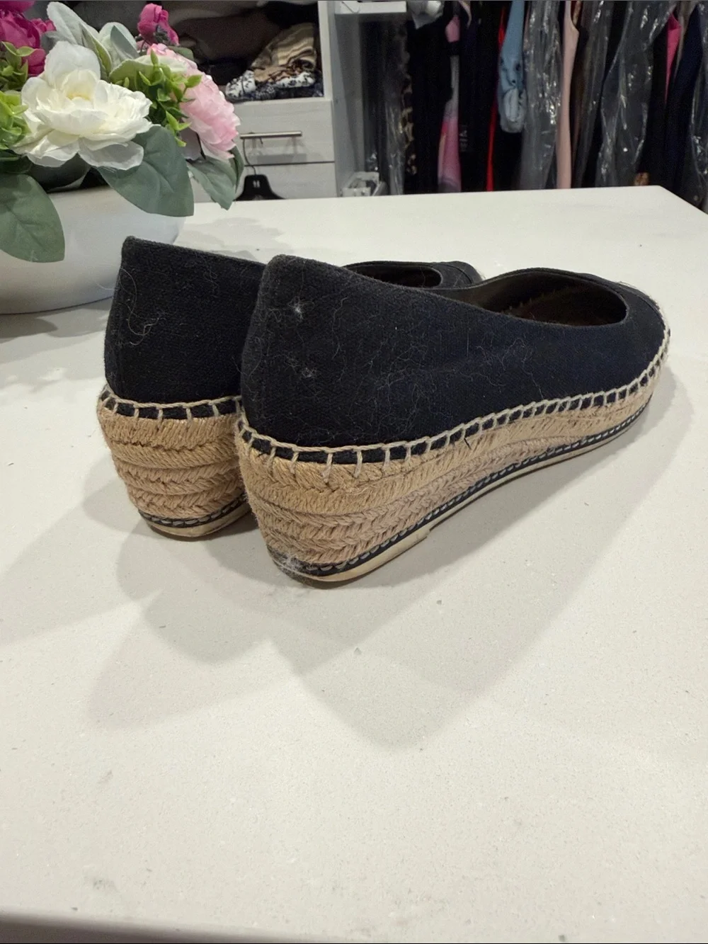 Tory Burch Black Canvas Espadrille Wedge Flats